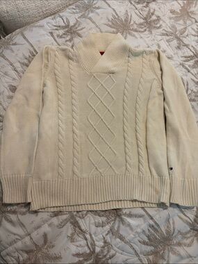 Tommy Hilfiger Womens Cream Cable-Knit Shawl Collar Sweater